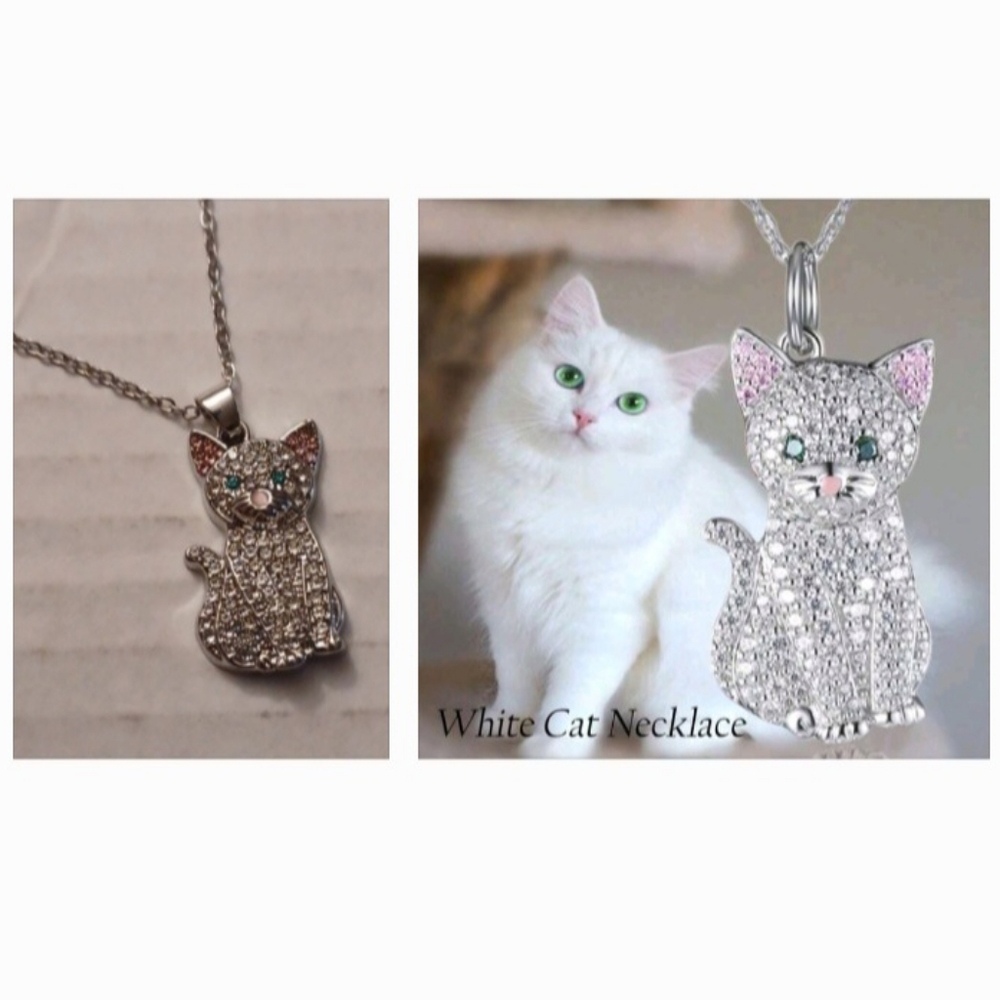 4/$40 New Rhinestone White Cat Necklace
